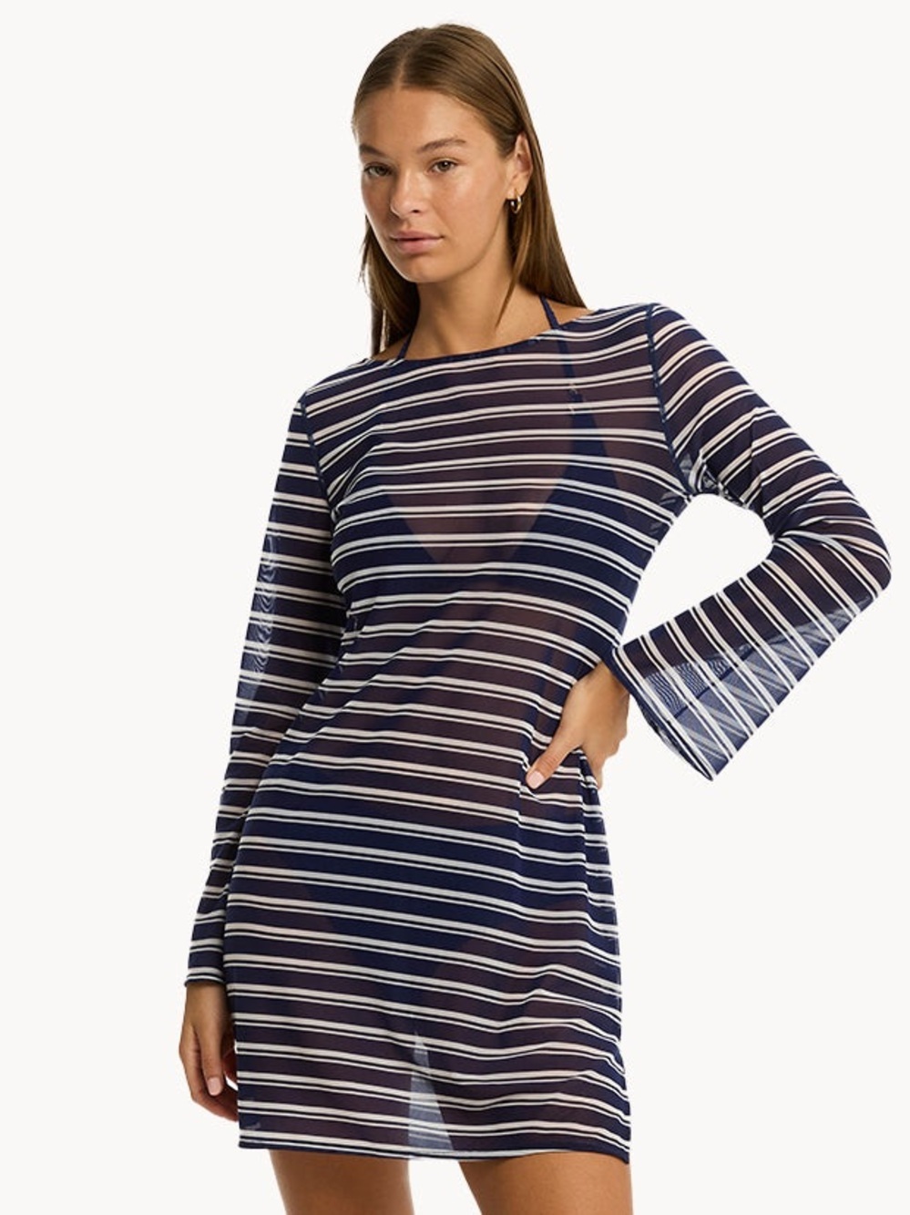 Sea Level Striped Navy and White Sheer Swim Cover-Up Dress